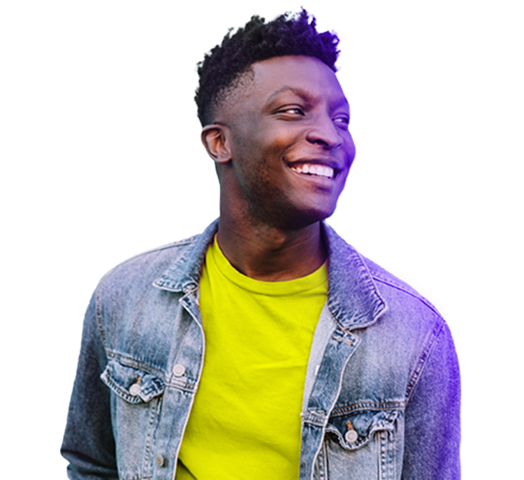 excited man in a yellow shirt with jean jacket